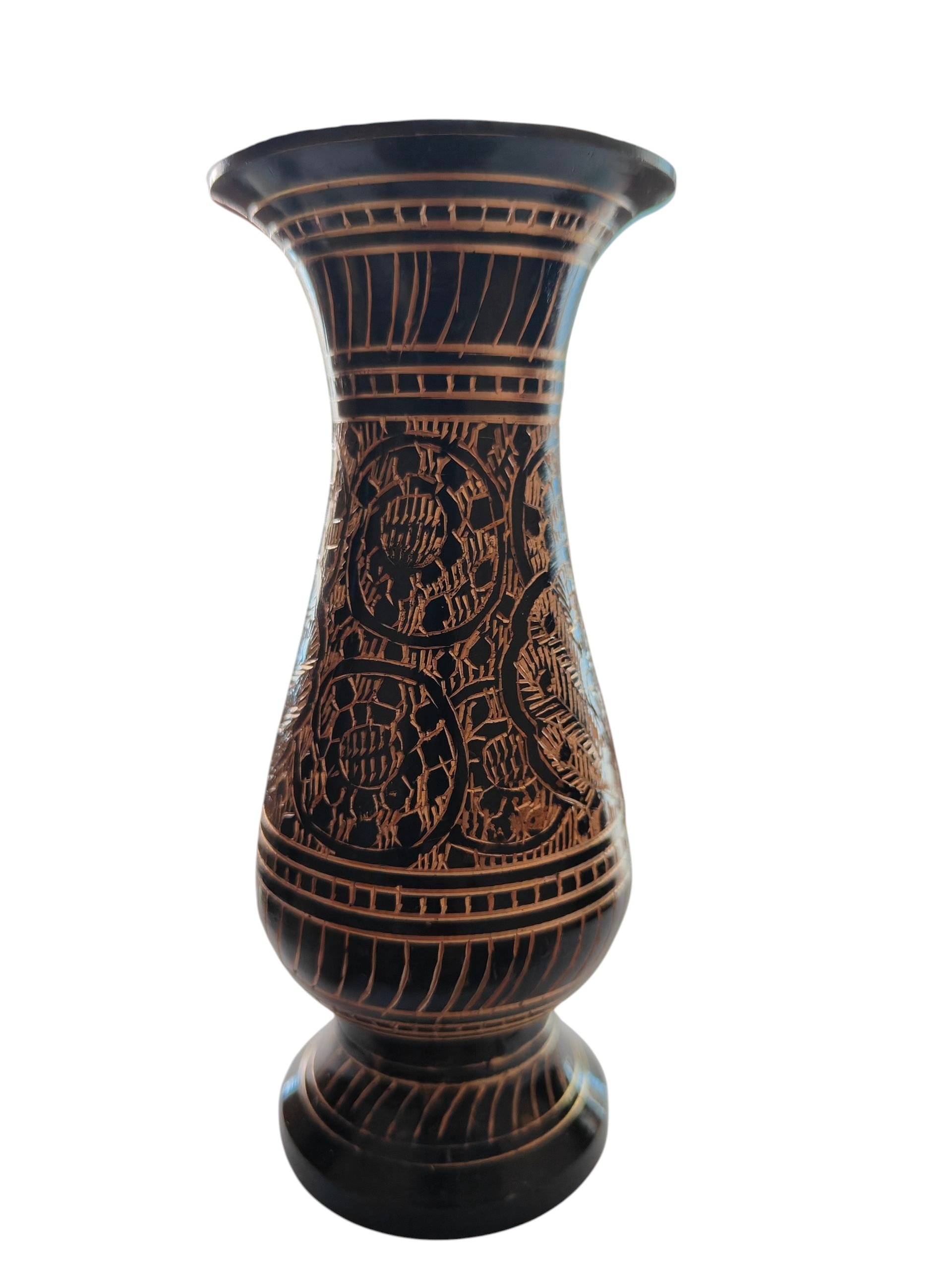 lh decor brass flower vase with work on it.