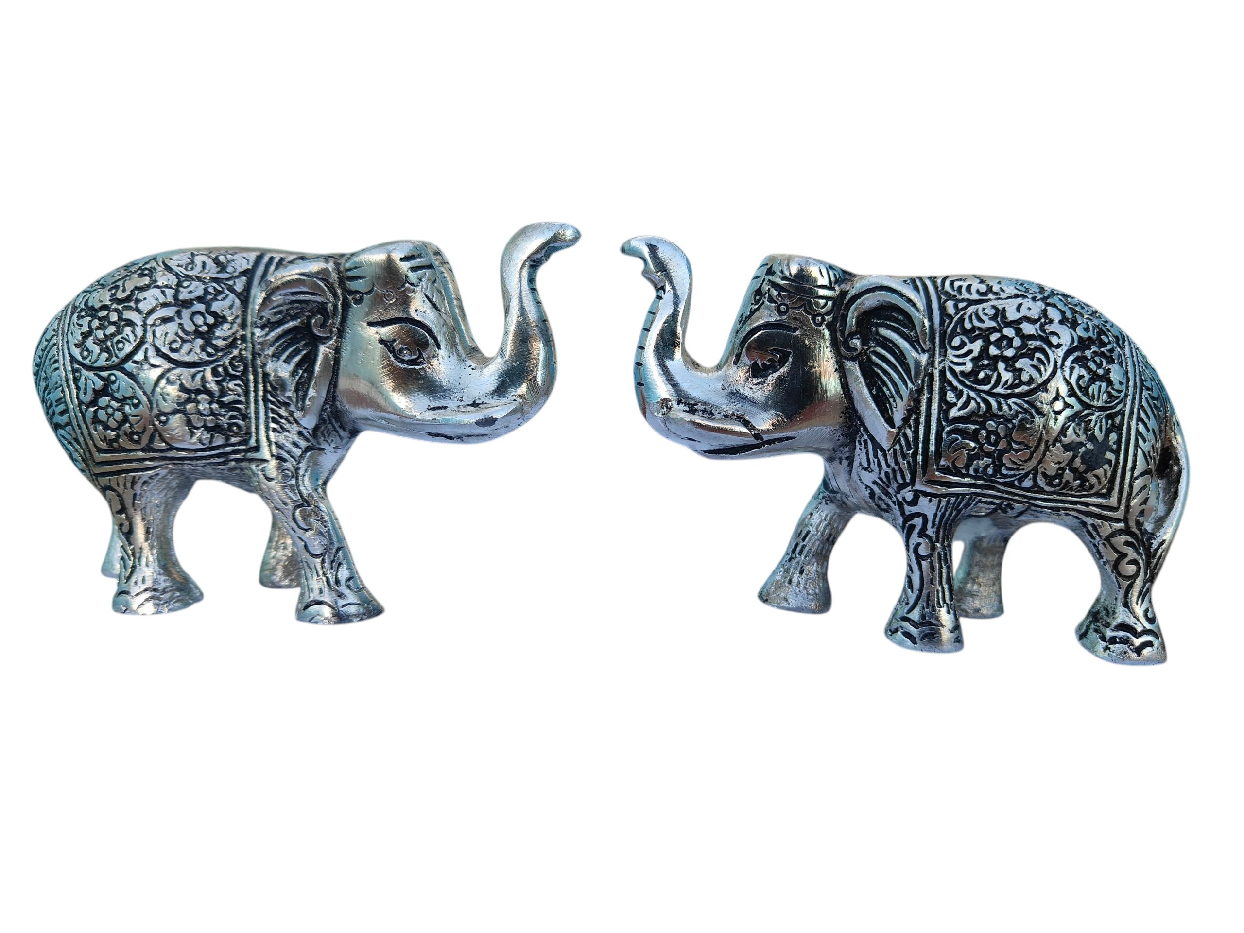 elephant pair nu metal elephant statue polish set of 2 for office table top decor, good luck, gift & home decorative elephant showpiece for vastu & home decorative item (metal, silver)