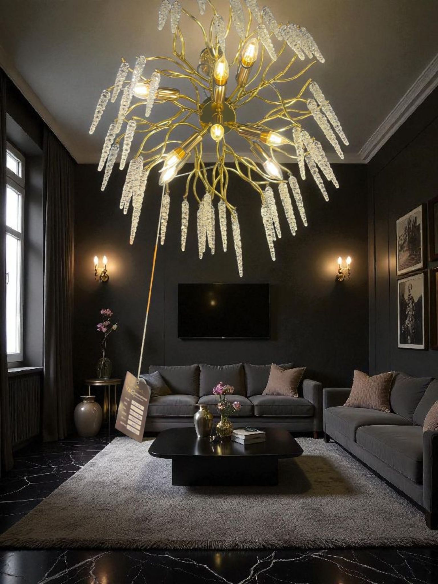 Modern Crystal Chandelier with Golden Tree Branch Frame and Raindrop like crystal accents - Image 6